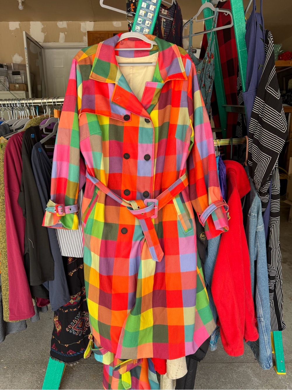 Colorblock Plaid Trench Dress - Vibrant Multi
